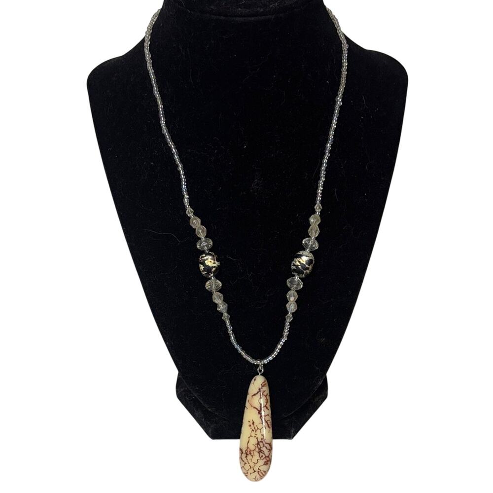 Boho Statement Necklace Cream Stone Pendant 20” Beaded Artisan Style